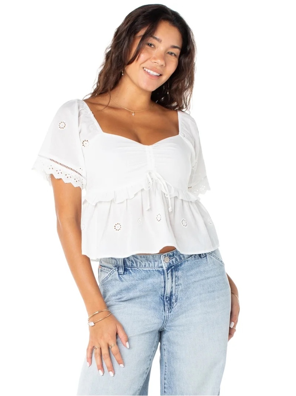 Celebrity Pink White Eyelet Peplum Tie-Front Blouse
